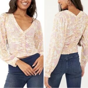 Free People Pastel Floral Long balloon Sleeve deep v neck Top M Excellent